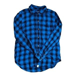 American Eagle Women's Blue and Black Plaid Long Sleeve Boyfriend Shirt SZ XS